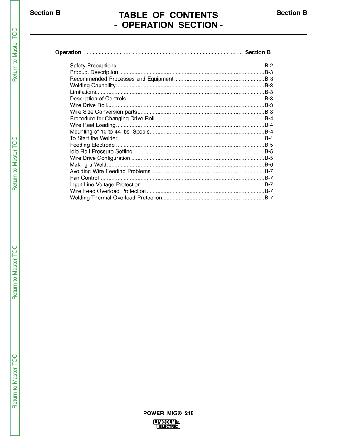 Lincoln Electric SVM167-A service manual Table of Contents, Operation SECTION  